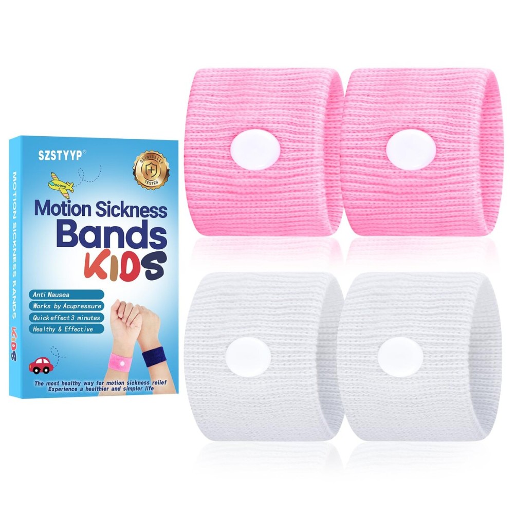 SZSTYYP Motion Sickness Bands for Kids Cruise Travel Essentials Anti-Nausea Acupressure Wristband for Morning Car Sea Sickness Wristbands for Kids-2 Pairs White/Pink