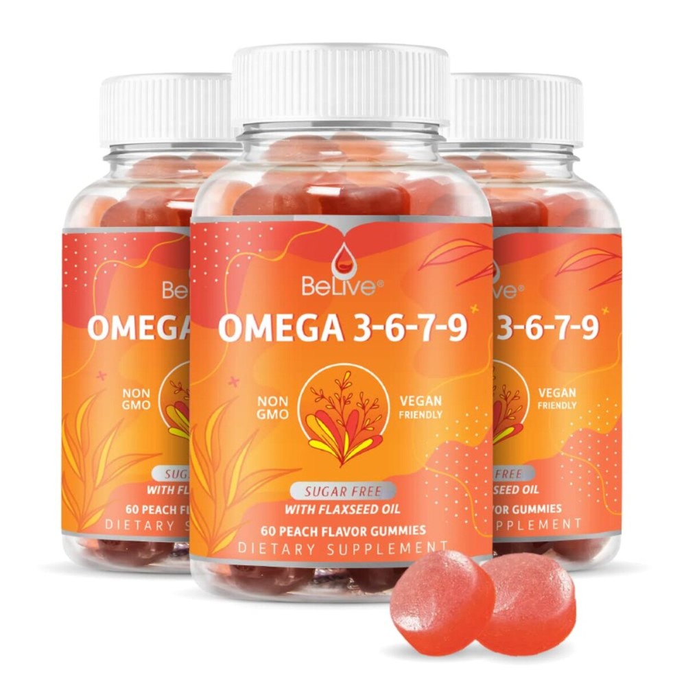 BeLive Organic Omega 3 Gummies - Omega 3 6 9 7 DHA & EPA from Flaxseed Oil & Sea Buckthorn Fruit Oil, Vegan, for Kids & Adults, Full Body, Brain & Eye Support, Sugar Free - Peach | 3-Pack