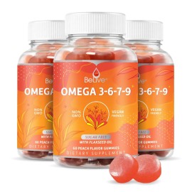 BeLive Organic Omega 3 Gummies - Omega 3 6 9 7 DHA & EPA from Flaxseed Oil & Sea Buckthorn Fruit Oil, Vegan, for Kids & Adults, Full Body, Brain & Eye Support, Sugar Free - Peach | 3-Pack