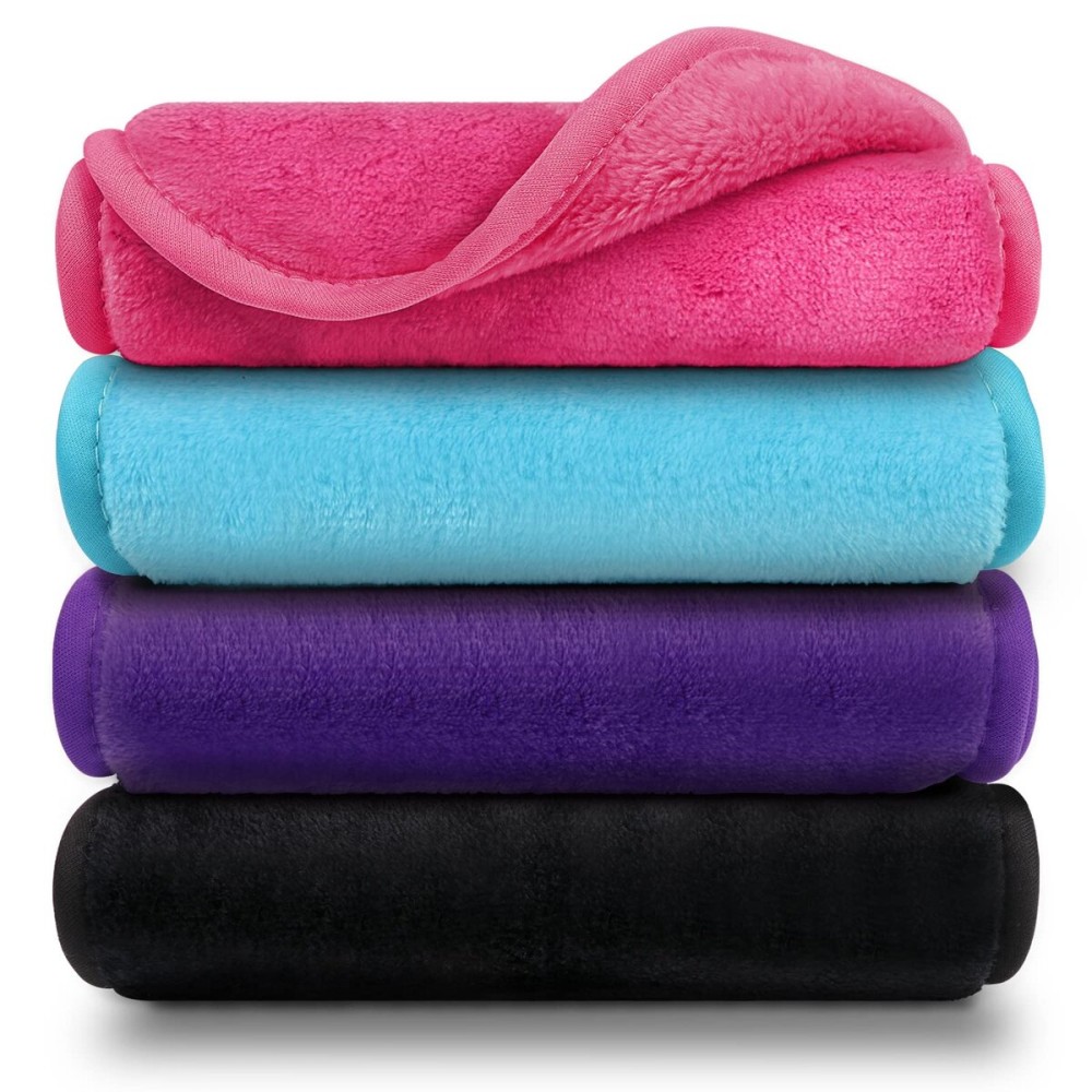 Orighty Makeup Remover Cloths Pack of 4, Reusable Microfiber Facial Cleansing Cloths, Remove Instantly Dirt, Makeup&Waterproof Mascara with Just Water, 15.5 x 7.5 in, Blue/Purple/Black/Pink