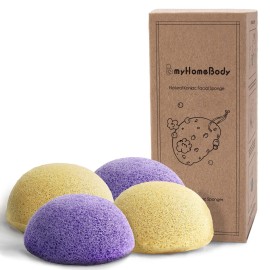 myHomeBody Natural Konjac Facial Sponges - for Gentle Face Cleansing and Exfoliation - with Lavender Purple and Turmeric Yellow, Set of 4
