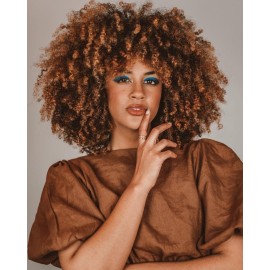 ANNISOUL Curly Wigs for Black Women Afro Bomb Curly Wig with Bangs Synthetic Fiber Glueless Long Kinky Curly Hair Black to Brown 14inch