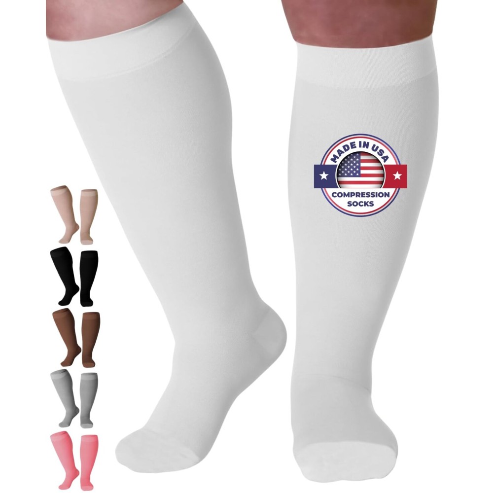 Compression Socks for Women and Men 20-30mmHg Wide Calf - Plus Size Opaque Compression Support Stockings for Nursing, Varicose Veins Circulation - White, 3X-Large - AB201