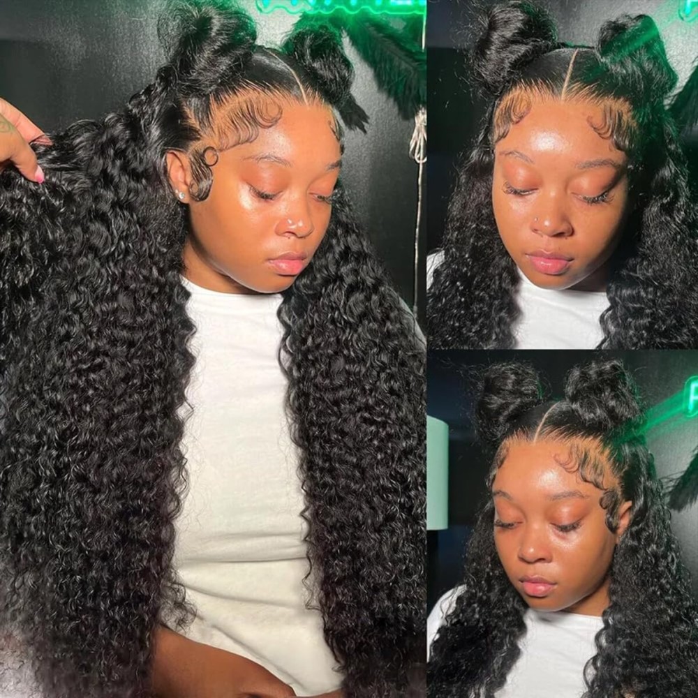 Pizazz 28 Inch 13x4 Lace Front Wigs Human Hair Pre Plucked 12A Brazilian Deep Wave Wigs with Baby Hair 180 Density HD Transparent Lace Wig (Black)