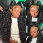 Pizazz 28 Inch 13x4 Lace Front Wigs Human Hair Pre Plucked 12A Brazilian Deep Wave Wigs with Baby Hair 180 Density HD Transparent Lace Wig (Black)