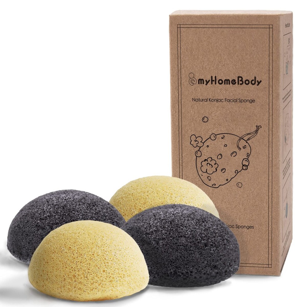 myHomeBody Natural Konjac Facial Sponges - for Gentle Face Cleansing and Exfoliation - with Turmeric Yellow and Activated Charcoal, Set of 4