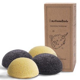 myHomeBody Natural Konjac Facial Sponges - for Gentle Face Cleansing and Exfoliation - with Turmeric Yellow and Activated Charcoal, Set of 4