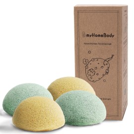 myHomeBody Natural Konjac Facial Sponges - for Gentle Face Cleansing and Exfoliation - with Turmeric Yellow and Aloe Vera, Set of 4