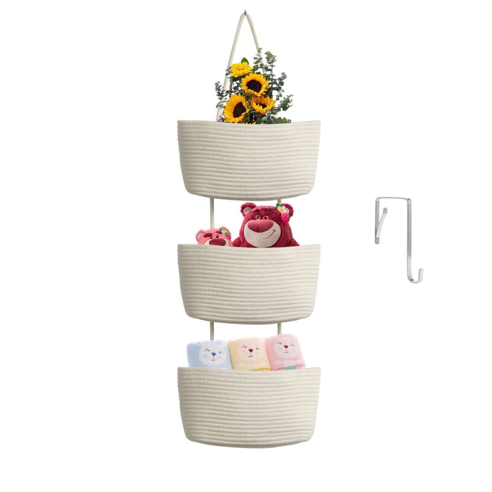 TeoKJ Over the Door Hanging Baskets, 3-Tier Woven Cotton Storage Organizer Bag with Hooks Wall-Mounted Decorative Nursery Kitchen Baskets - White