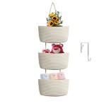 TeoKJ Over the Door Hanging Baskets, 3-Tier Woven Cotton Storage Organizer Bag with Hooks Wall-Mounted Decorative Nursery Kitchen Baskets - White