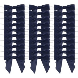 AIMUDI Navy Blue Satin Ribbon Twist Tie Bows 3.5 Pretied Bows Premade Craft Bows for Treat Bags Cake Pop Gift Wrapping Basket Wedding Favors Cookie Candy Bagging Baby Shower - 50 Counts