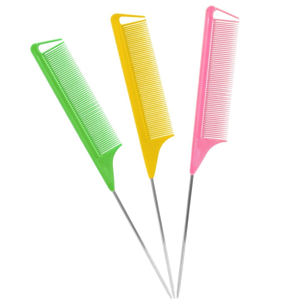 Rat Tail Combs Set: 3Pcs Long Steel Pin Teasing Combs for Salon Hair Stylists, Metal Parting Comb for Women(GreenYellowPink)