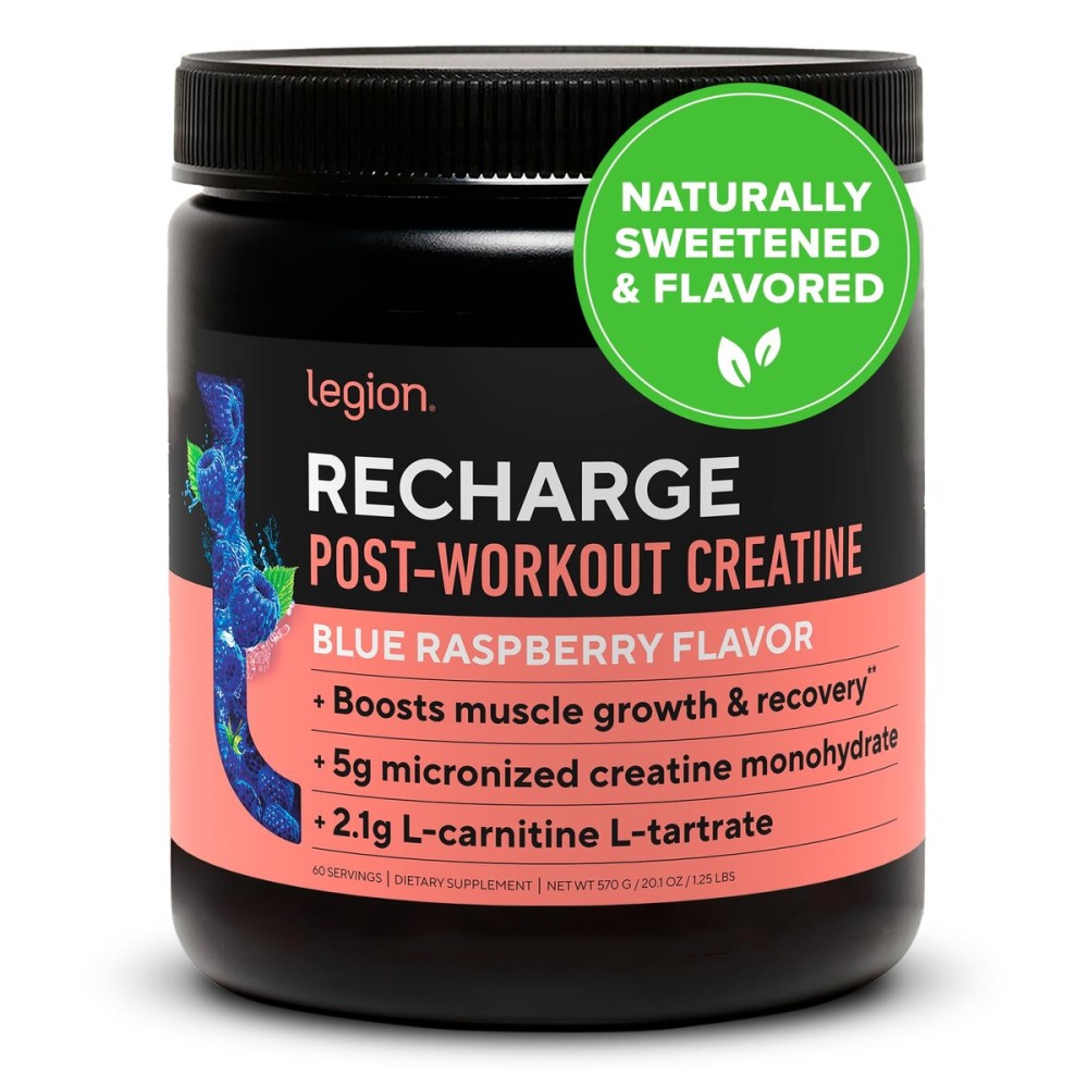Legion Recharge Post Workout Supplement - All Natural Muscle Builder & Recovery Drink With Micronized Creatine Monohydrate. Naturally Sweetened & Flavored, Safe & Healthy. (Blue Raspberry, 60 Serving)