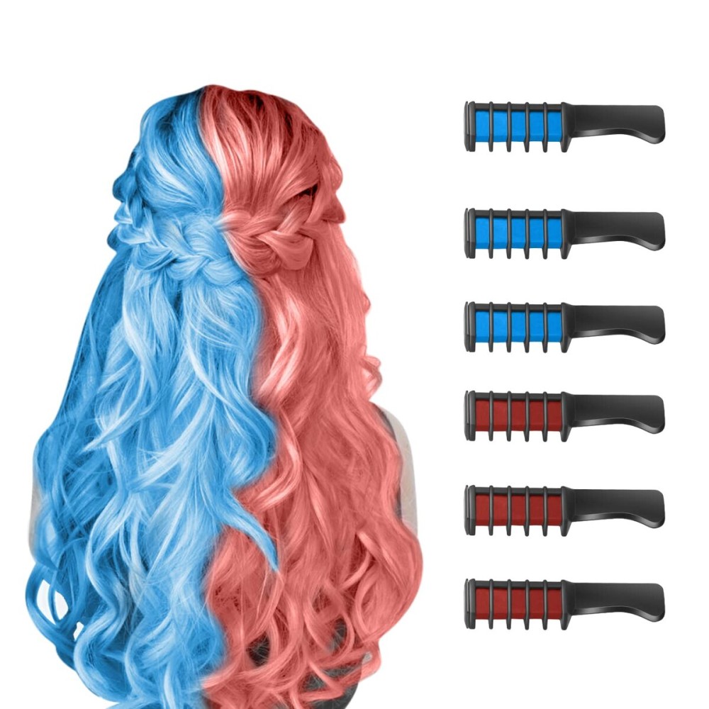MSDADA New Hair Chalk Comb Temporary Hair Color Dye for Girls Kids, Washable Hair Chalk for Girls Age 4 5 6 7 8 9 10 Birthday Cosplay DIY, Halloween, Independence Day(Red & Blue)