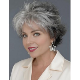 TISHINING Short Grey Curly Wigs for White Women Layered Silver Gray Pixie Cut Wig with Bangs Natural Looking Synthetic Salt and Pepper Wigs for Older Women