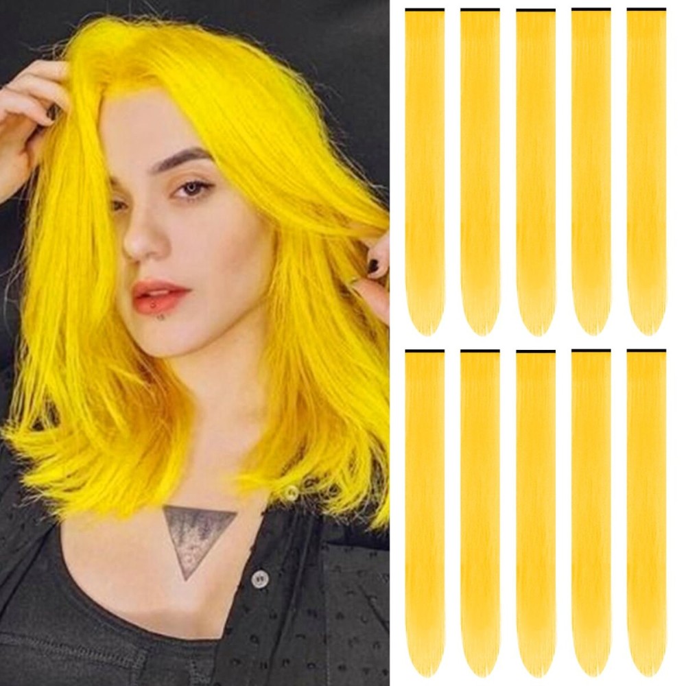 TOFAFA 22 inch Colored Hair Extensions, Colorful Party Highlights Clip in Synthetic Hair Extensions, Color Party Highlights Hairpieces for Girls Women Christmas New Year Cosplay Gift(10 PCS Yellow)