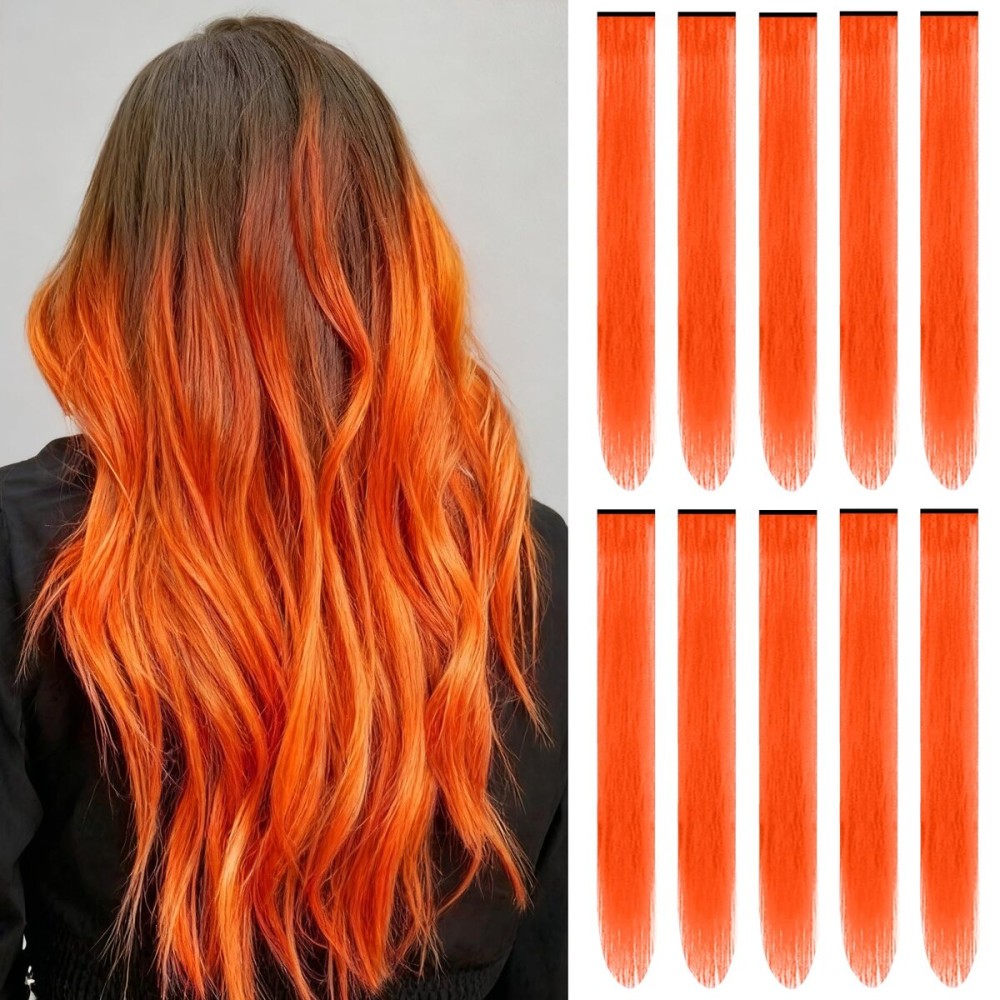 TOFAFA 22 inch Colored Hair Extensions, Colorful Party Highlights Clip in Synthetic Long Straight Hairpiece for Girls Women Kids Christmas New Year Cosplay Party Gift(10 PCS Orange)