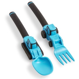 Dinneractive Utensil Set for Kids - Construction Themed Toddler Forks and Spoons, Toddler Utensils - 2-Piece Set - Blue Construction Utensils for Toddlers - Loader & Tractor Toddler Spoons and Forks