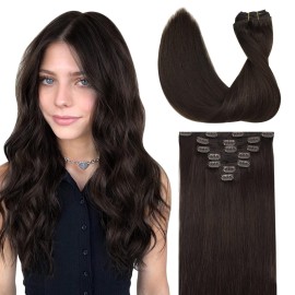 GOO GOO Clip in Hair Extensions Real Human Hair, Remy Human Hair Extensions Clip ins for Women, Natural Human Hair, 22inch 120g 7Pcs, 2A Light Brown