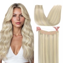 GOO GOO Wire Hair Extensions Human Hair, 17A/60A Ash Blonde mix Platinum Blonde Highlighted 12inch 70g, Invisible Wire Hair Extensions with Transparent, Seamless Fish Line Hairpiece