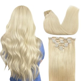 GOO GOO Clip in Hair Extensions Real Human Hair, Remy Human Hair Extensions Clip ins for Women, Natural Human Hair, 18inch 120g 7Pcs, 60A Platinum Blonde