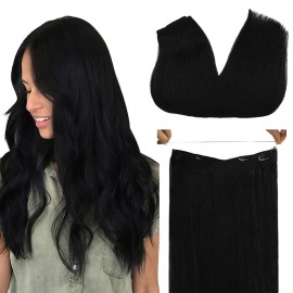 GOO GOO Wire Hair Extensions Human Hair, 1 Jet black Natural 12inch 70g, Invisible Wire Hair Extensions with Transparent, Seamless Fish Line Hairpiece