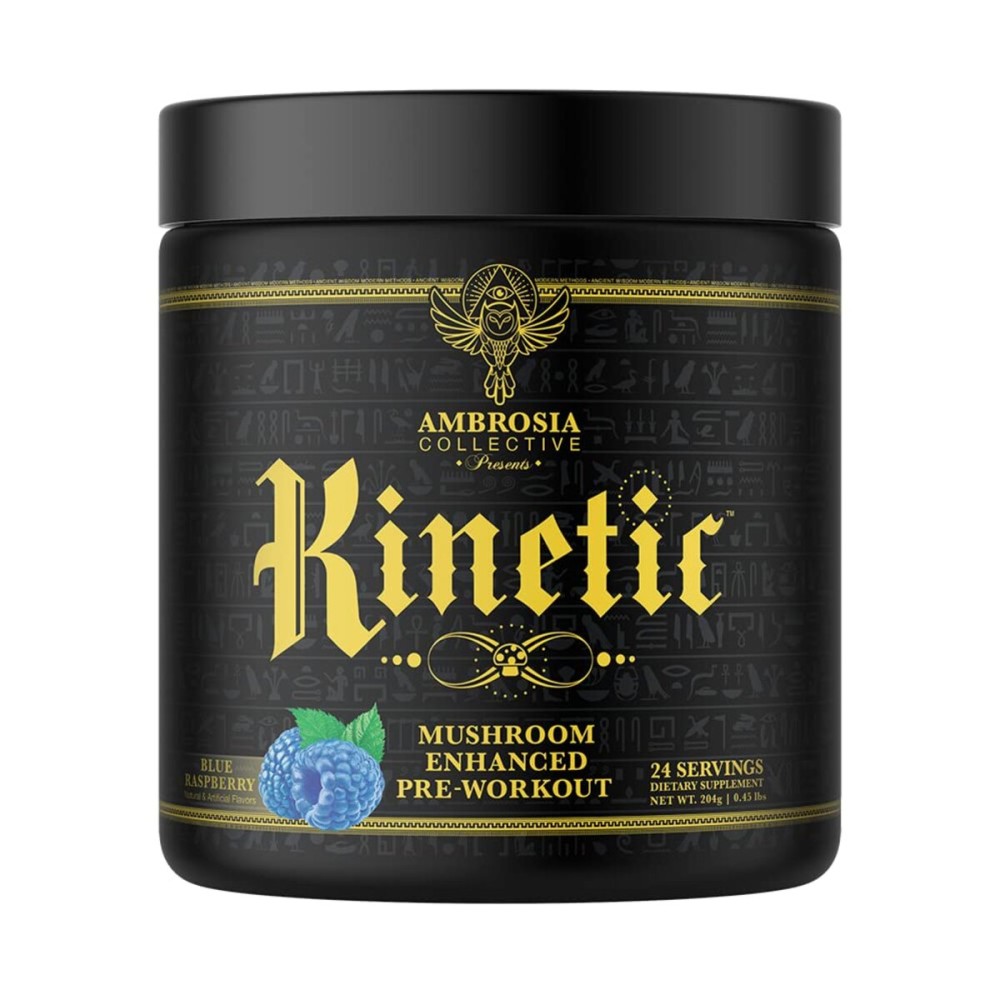 Ambrosia Kinetic - Organic Pre Workout Powder | Mushroom-Enhanced Natural Pre Workout | Nootropic Superfood Powder for Clean Energy, Focus, Recovery | 24 Servings | Blue Raspberry