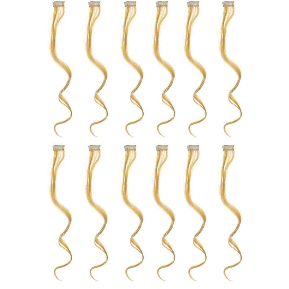 SWACC 12 Pcs Curly Wavy One Color Party Highlights Clip on in Hair Extensions Colored Hair Streak Synthetic Hairpieces (Beige Blonde)