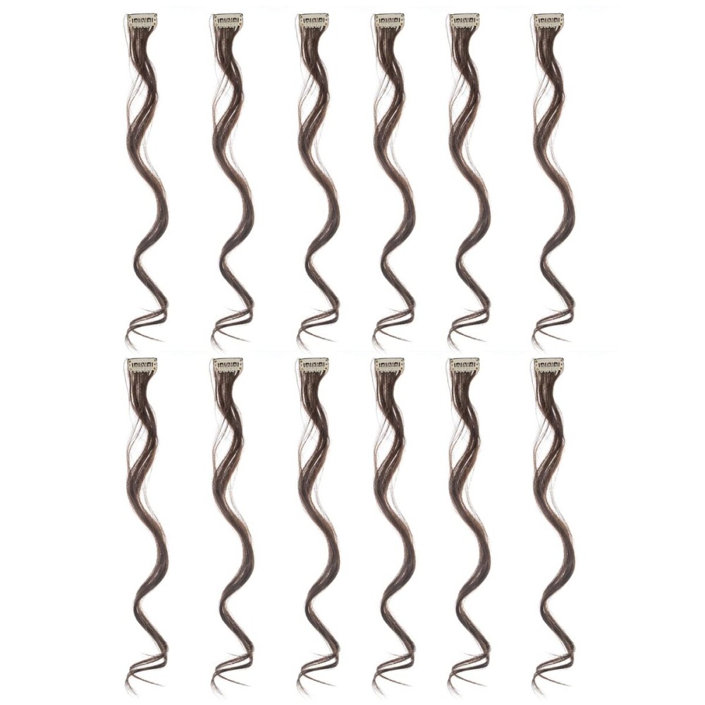 SWACC 12 Pcs Curly Wavy One Color Party Highlights Clip on in Hair Extensions Colored Hair Streak Synthetic Hairpieces (Dark Brown-4)