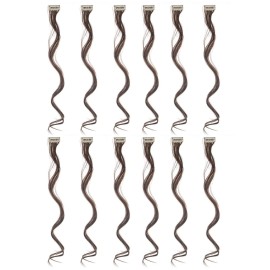 SWACC 12 Pcs Curly Wavy One Color Party Highlights Clip on in Hair Extensions Colored Hair Streak Synthetic Hairpieces (Dark Brown-4)