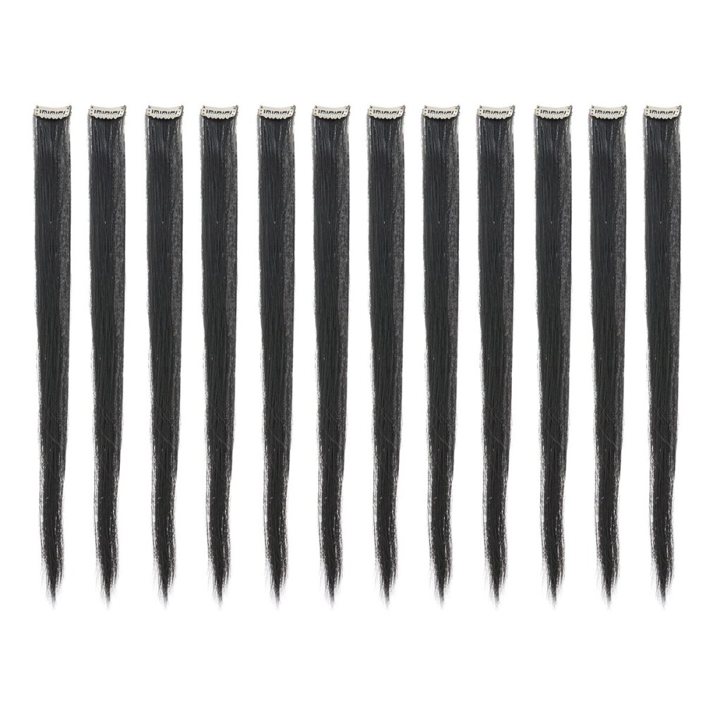 SWACC 12 Pcs Straight One Color Party Highlights Clip on in Hair Extensions Colored Hair Streak Synthetic Hairpieces (Black-1B)