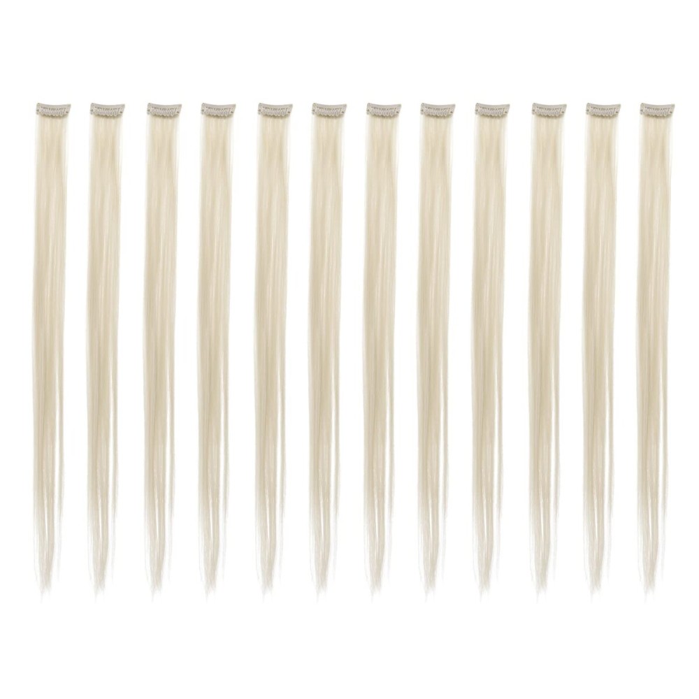 SWACC 12 Pcs Straight One Color Party Highlights Clip on in Hair Extensions Colored Hair Streak Synthetic Hairpieces (Platinum Blonde)