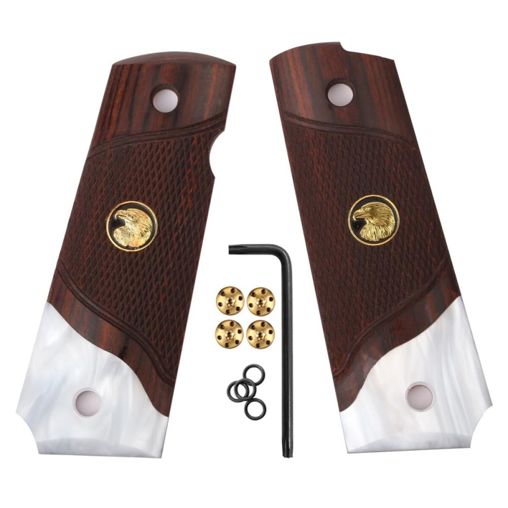 Cool Hand 1911 Wood Grips, Grips Screws Included, Full Size (Government/Commander), Checker Diamond Cut or w/White Pearl, Gold Eagle Medallions, Ambi Safety Cut