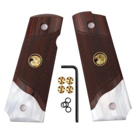 Cool Hand 1911 Wood Grips, Grips Screws Included, Full Size (Government/Commander), Checker Diamond Cut or w/White Pearl, Gold Eagle Medallions, Ambi Safety Cut