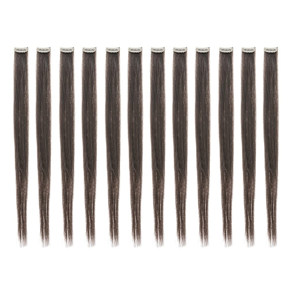 SWACC 12 Pcs Straight One Color Party Highlights Clip on in Hair Extensions Colored Hair Streak Synthetic Hairpieces (Dark Brown-4)