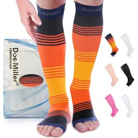 Doc Miller, Open Toe Compression Socks, 8-15 mmHg, Toeless, Support Circulation, Shin Splints, Calf Recovery, Varicose, Knee High, Medical Grade, Sun Stripes Socks, Small Size for Men & Women, Pair