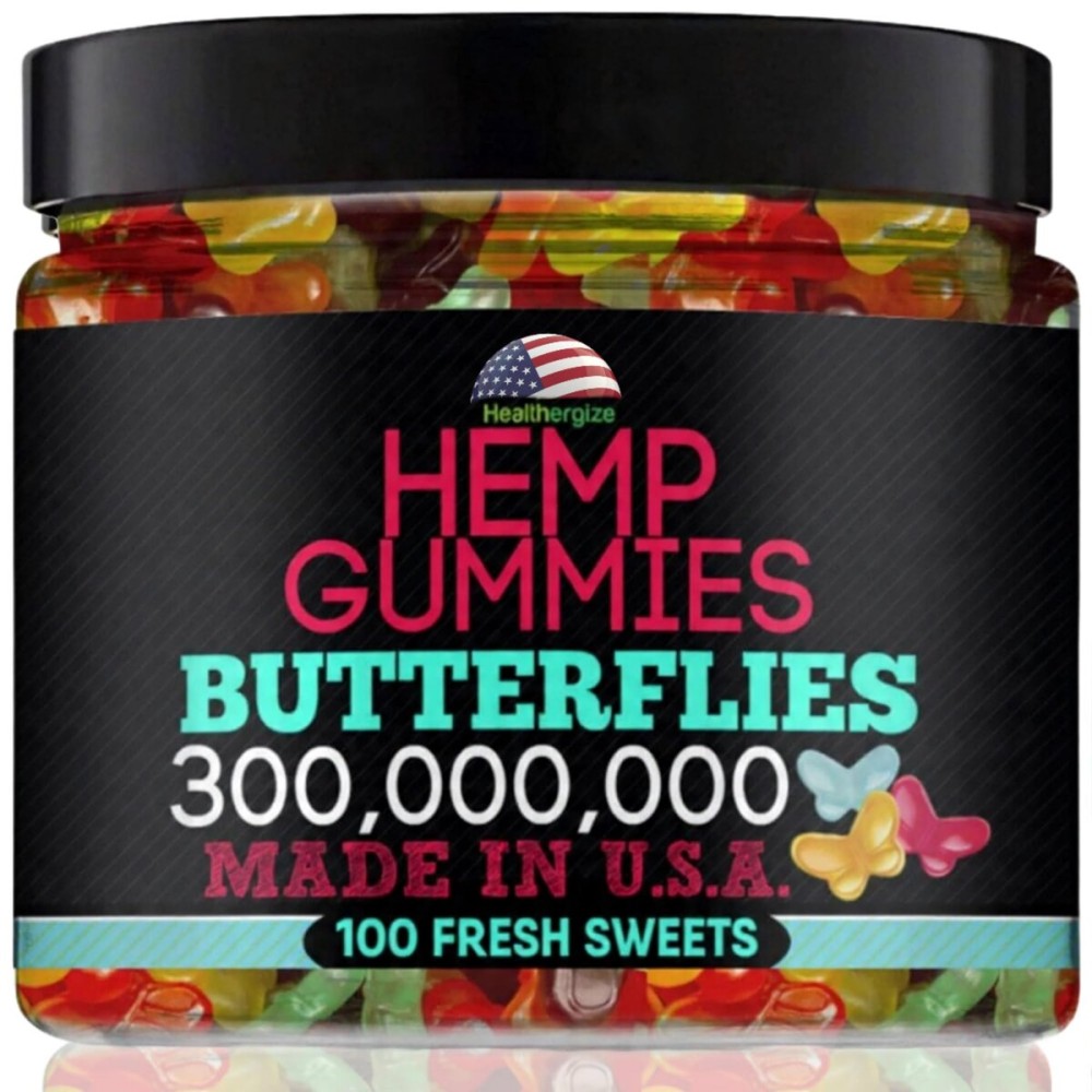 Healthergize Hemp Gummies Premium-Delicious Butterflies Gummy Bears-Fresh Fruity Flavors-Natural Candy Peace and Relaxation-for Sleep, Calm, Relax-Made in USA-100 Count