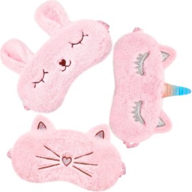 3 Pieces Sleep Mask for Kids, Girls Plush Sleeping Eye Cover Soft Eye Blindfold Cover Animal Shade for Kids(Pink,Bunny, Cat and Unicorn Style)