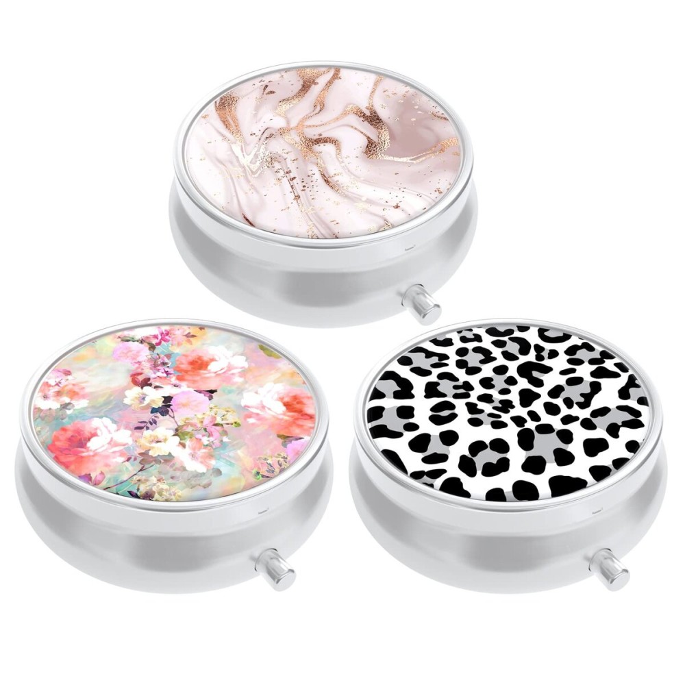 3 Pack Pill Box, Small Pill Case for Purse & Pocket, Cute Travel Medicine Organizer, Portable Medicine Container Holder to Hold Vitamins, Medication, Fish Oil & Supplement, Pink Flowers Leopard