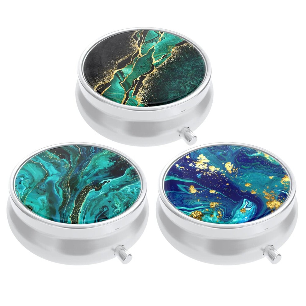 3 Pack Pill Box, Small Pill Case for Purse & Pocket, Cute Medicine Organizer Travel Pillbox, Portable Pill Container Holder to Hold Vitamins, Medication, Fish Oil & Supplements, Teal Ocean Marble
