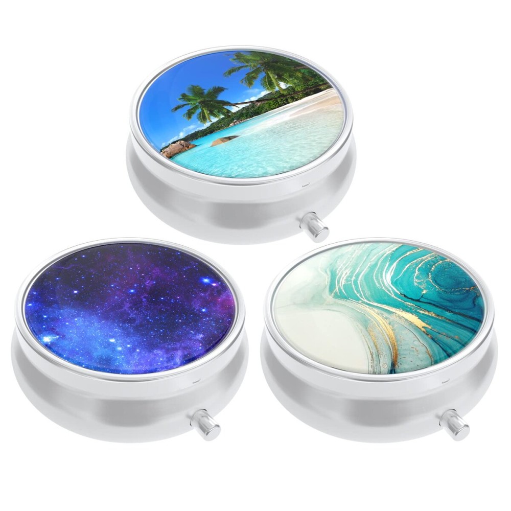 3 Pack Pill Box, Small Pill Case for Purse & Pocket, Cute Travel Medicine Organizer, Portable Medicine Container Holder to Hold Vitamins, Medication, Fish Oil & Supplement, Beach & Galaxy