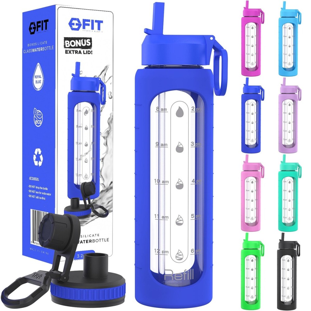 FIT Strong & Healthy 32 oz Glass Water Bottle w/Straw Lid, Wide Mouth Borosilicate Glass Water Bottles with Time Marker, Silicone Sleeve & Extra Lid, 1L Large Motivational Drinking Bottle, Royal Blue