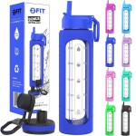 FIT Strong & Healthy 32 oz Glass Water Bottle w/Straw Lid, Wide Mouth Borosilicate Glass Water Bottles with Time Marker, Silicone Sleeve & Extra Lid, 1L Large Motivational Drinking Bottle, Royal Blue