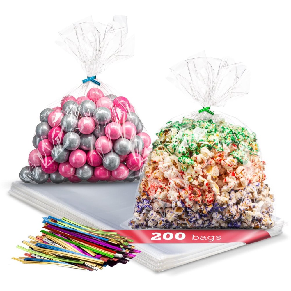 Prestee 200-Pack Clear Plastic Cellophane Gift Bags [9x12] with 4 Twist Ties - Perfect for Candy, Cookies, & Treats (Pack of 200)
