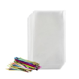 Prestee 200 Pack Clear Plastic Cellophane Bags - 6x8 with 4 Twist Ties, Candy & Cookie Bags, Treat & Gift Bags (Pack of 200)