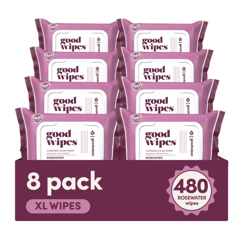 goodwipes Flushable Butt Wipes Made with Vitamin E & Aloe - Soft & Gentle Wet Wipe Dispenser for Home Use, Septic & Sewer Safe - Largest Adult Toilet Towelettes - Rosewater, 480 Count (8 Packs)