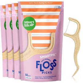 SmartLifeco Eco-Friendly Dental Floss Picks (200ct) - Flossers Made With Straw Wheat Blend, Strong Anti-Shred Thread For Tight Gaps, Tooth Pick Stick For Adults, Soft on Gum & Teeth, Vegan, Unflavored