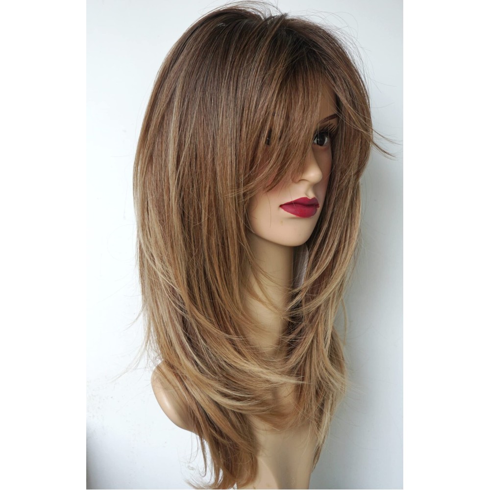 Long Layered Ombre Brown wig Synthetic Hair Fiber Highlight Multicolor brunettes Wigs for White Women (Ombre Brown)