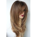 Long Layered Ombre Brown wig Synthetic Hair Fiber Highlight Multicolor brunettes Wigs for White Women (Ombre Brown)