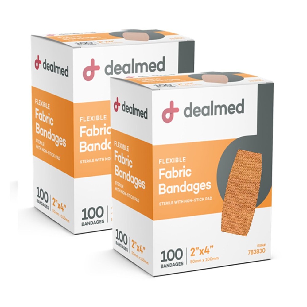 Dealmed Fabric Flexible Adhesive Bandages - 100 Count (2 Pack) Bandages with Non-Stick Pad, Latex Free, Wound Care for First Aid Kit, 2 x 4